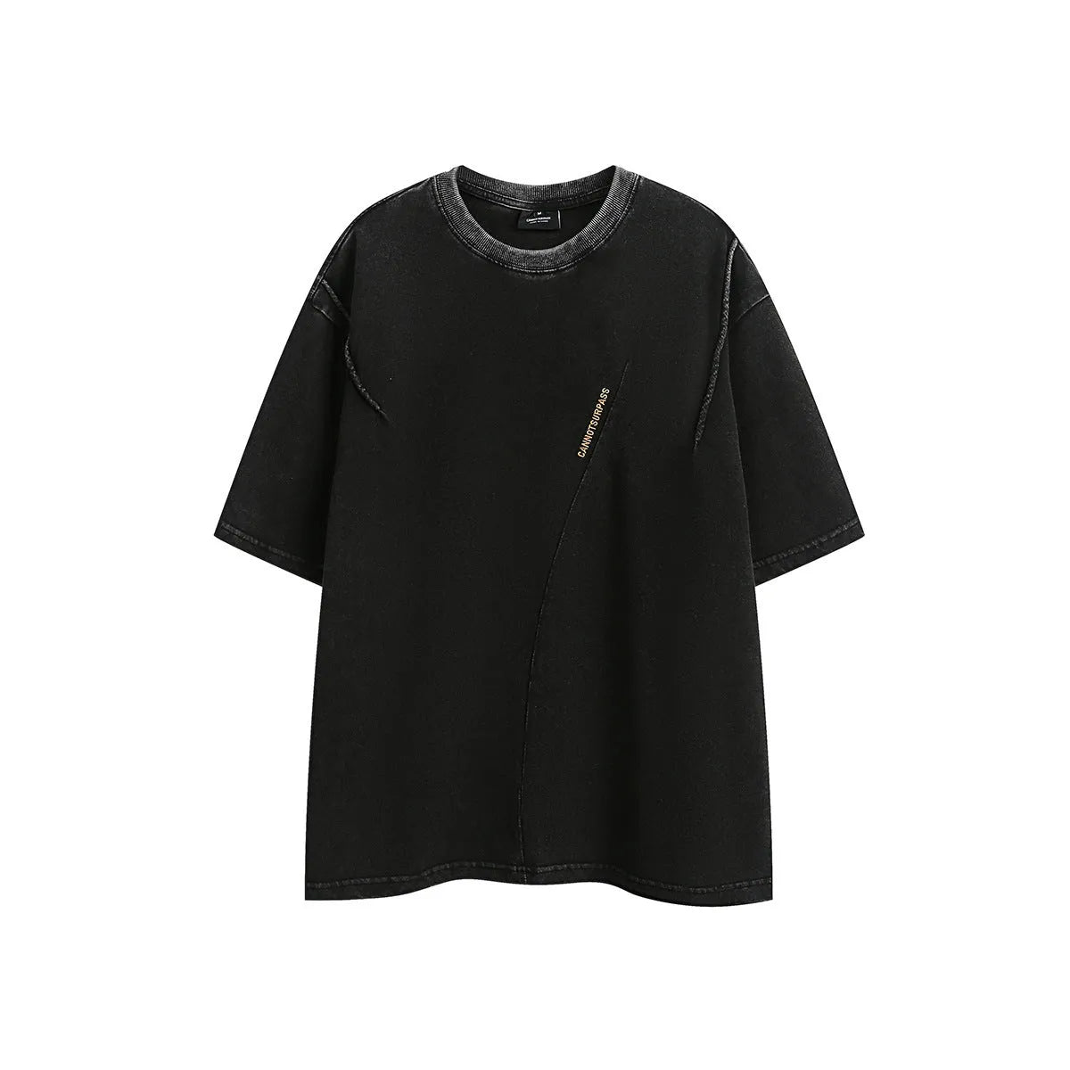 Purple and black loose-fit cotton t-shirt with retro half-sleeve design on hanger