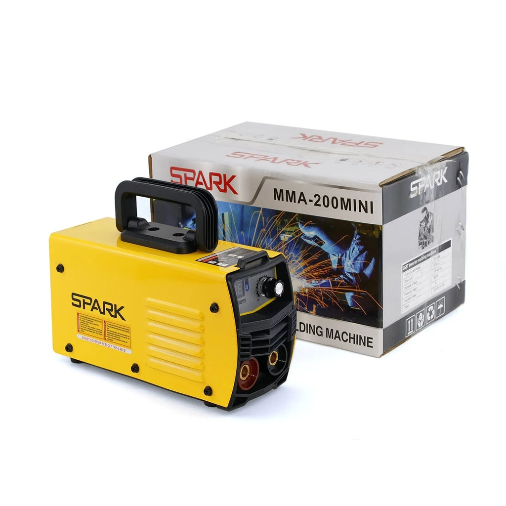 MMA-200MIN 220V DC inverter welding machine with welding tongs, grounding clamps, face shield, and brush hangers