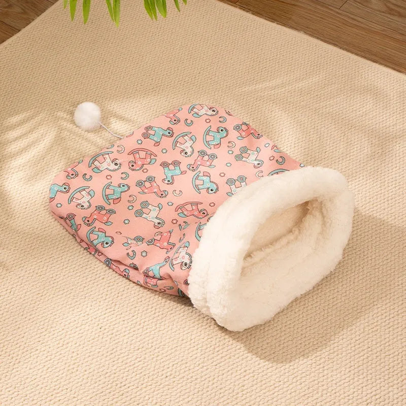 Blue rabbit pattern cat sleeping bag nest measuring 50cm by 40cm with flannel lining