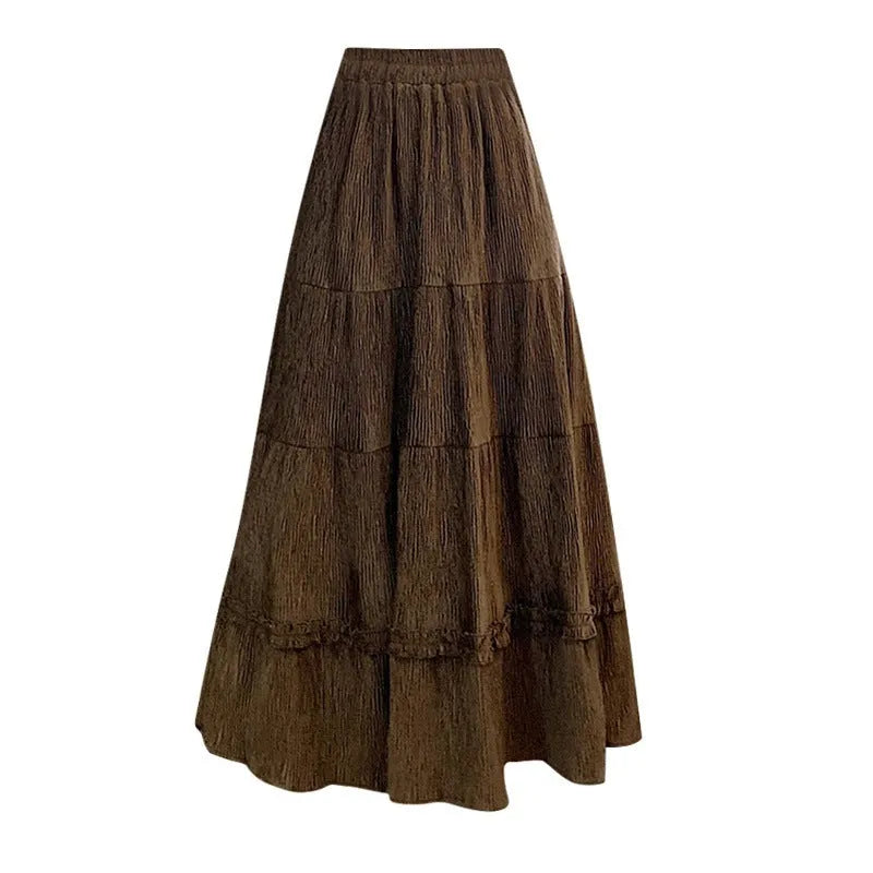 Korean style corduroy A-line midi skirt with elastic waistband in milky white colour