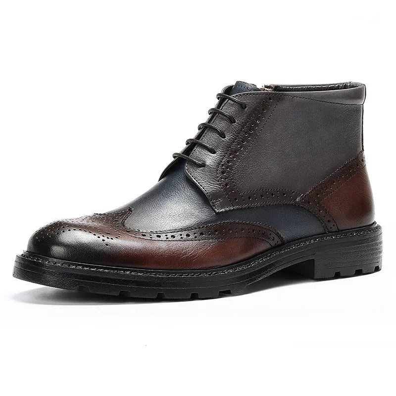 Men's coffee blue leather brogue boots with colour blocking, carved detail, and a low square heel.