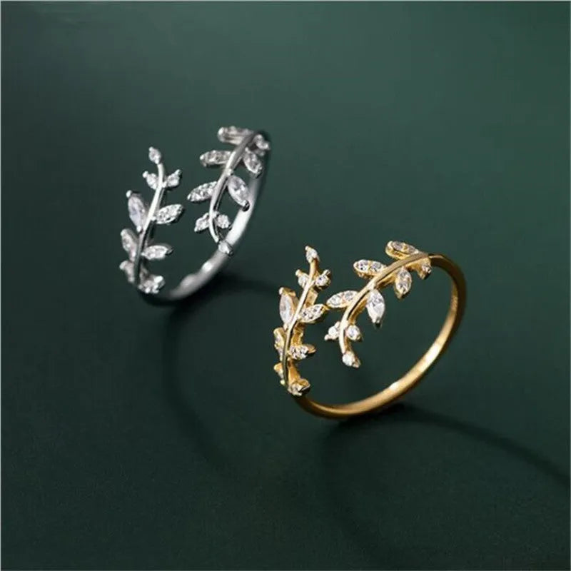 Women's adjustable copper leaf branch ring with electroplated gold or silver geometric design