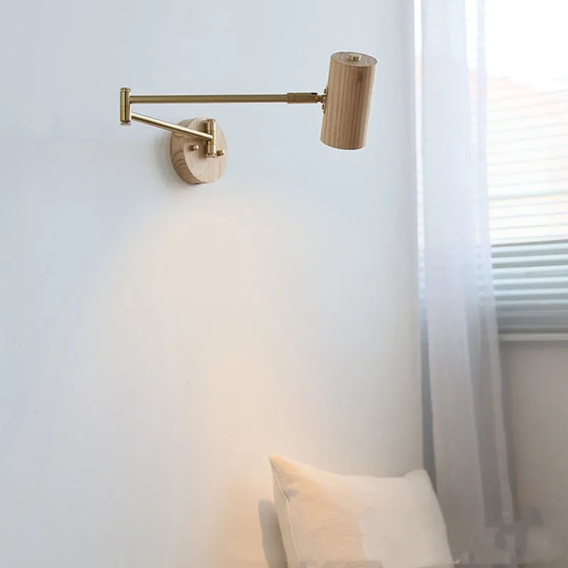 Retro wall lamp with rotating long arm in walnut wood and ash iron finish with pull chain switch
