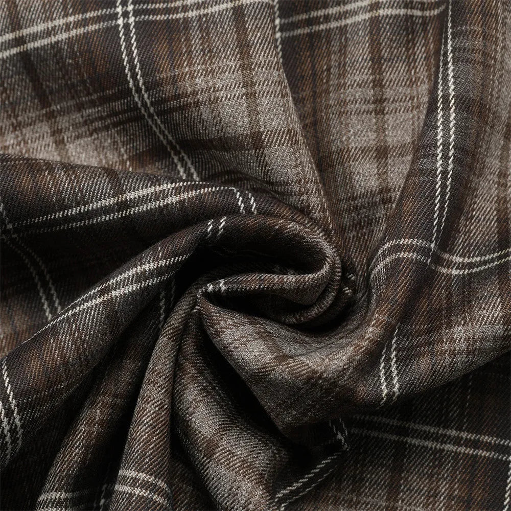 Men's black and brown plaid shirt with embroidered letter detail and lapel collar