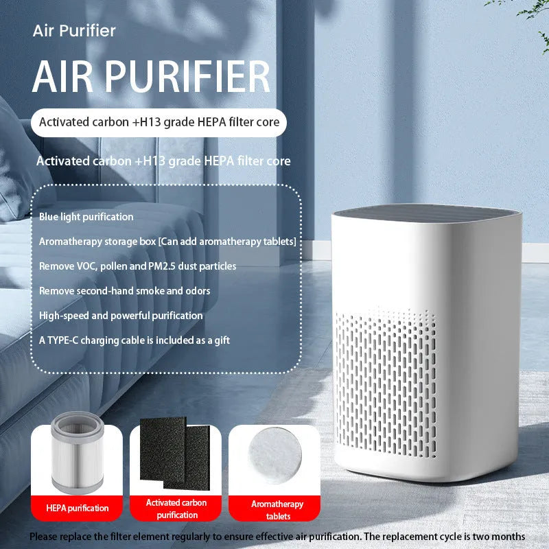 Desktop air purifier with USB power connection and simple design for small space air purification