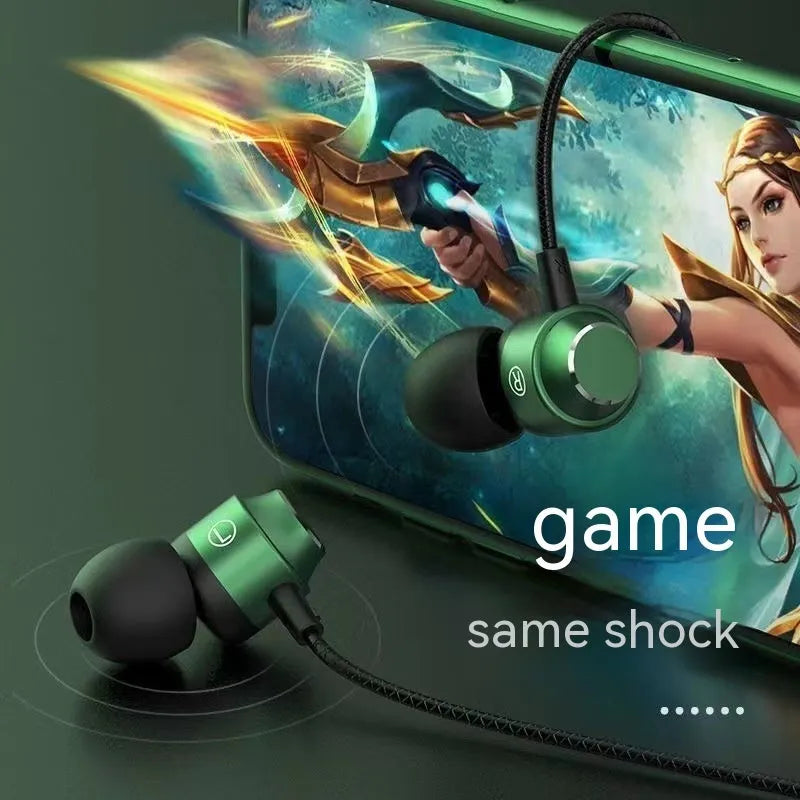 Wired in-ear gaming headset with magnetic metal earbuds, 3.5mm or TC plug, mic, 1.2m TPE cable, black or green