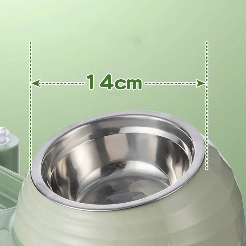 Brown cat food bowl with water dispenser bottle and elevated feeding station