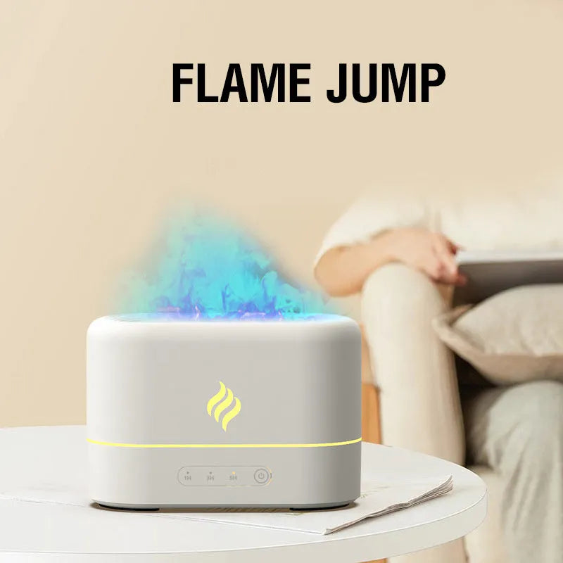 Black USB humidifier with seven-colour flame effect on wooden surface