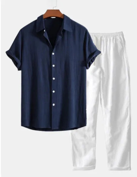 Casual loose fit beachwear short sleeve suit in cotton linen fabric with matching trousers and accessories