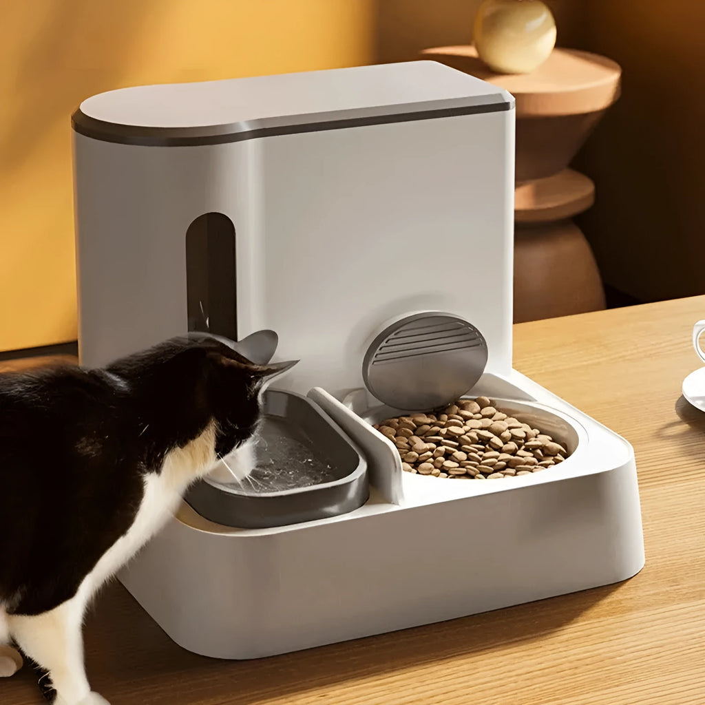 Automatic cat feeder and water dispenser with integrated double bowl in grey, green or yellow colours