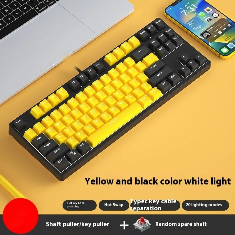 87 key wired mechanical keyboard with hot-swappable switches showing dual-colour keycap theme on metal body