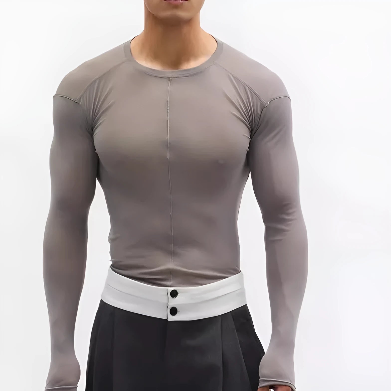 Women's black slim-fit mesh see-through long sleeve PU pullover on a hanger.