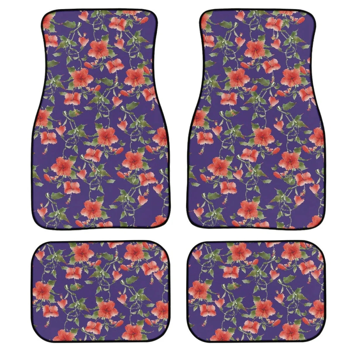 Black printed rubber car foot mat set showing 20mm thickness and four-piece layout for general vehicle models