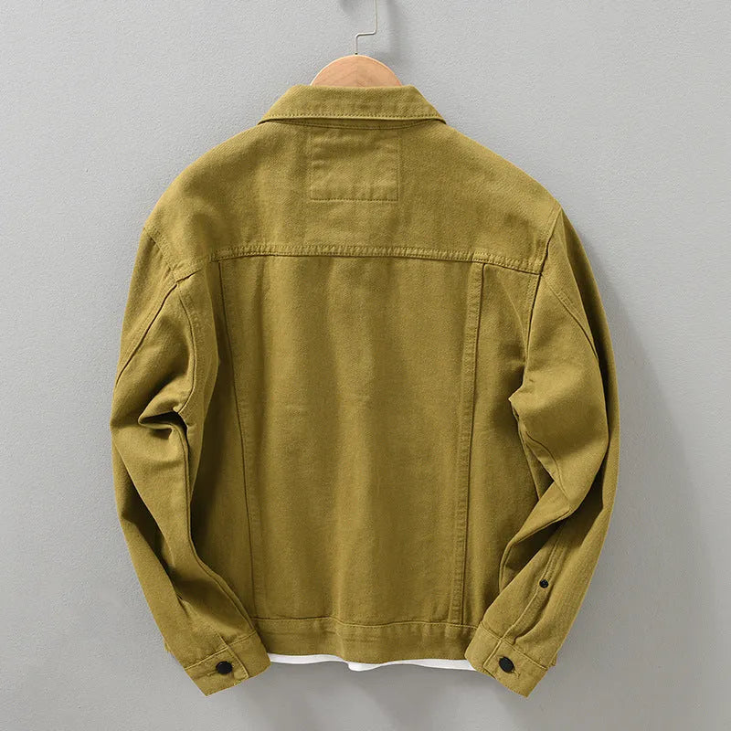 Men's Japanese style denim jacket shirt in solid apricot, black, or dark army colour, sizes M to XXXL, no hood