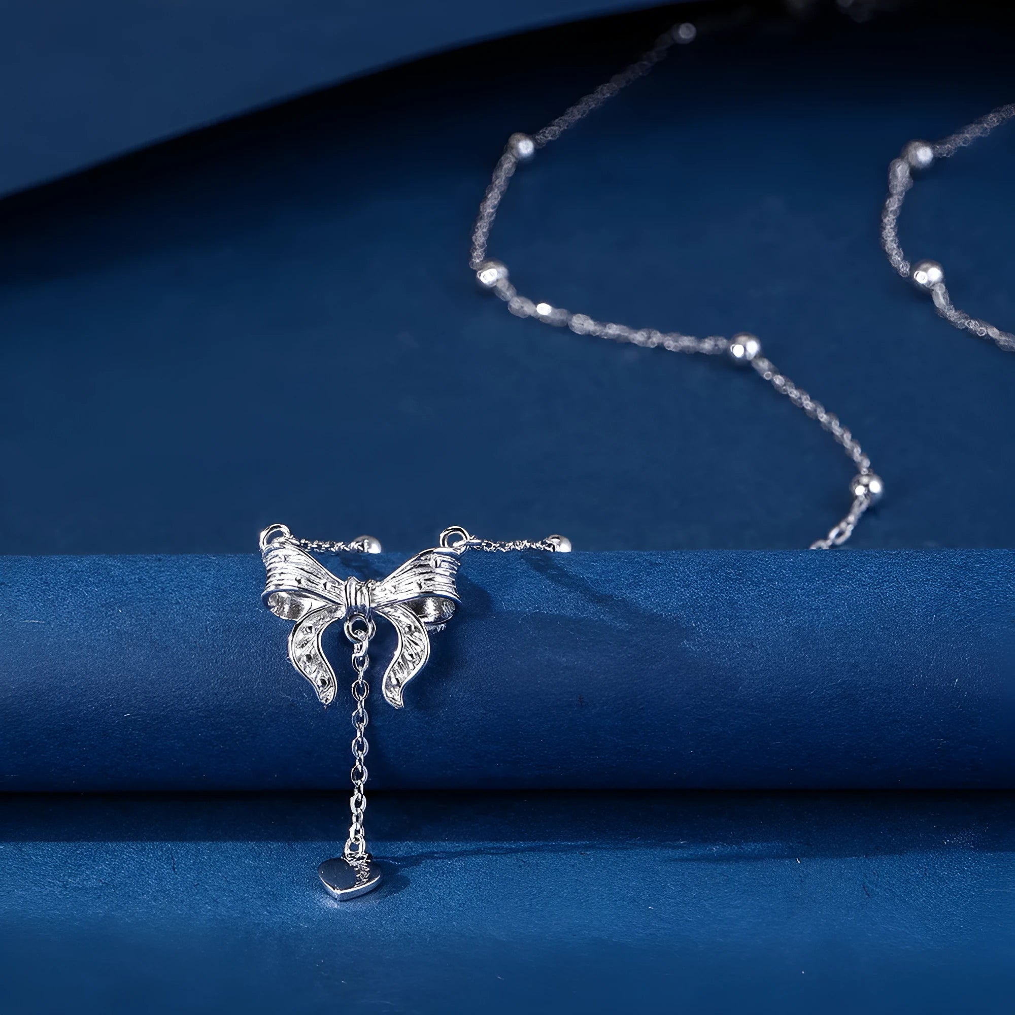 S925 silver butterfly heart pendant necklace with adjustable O-ring chain