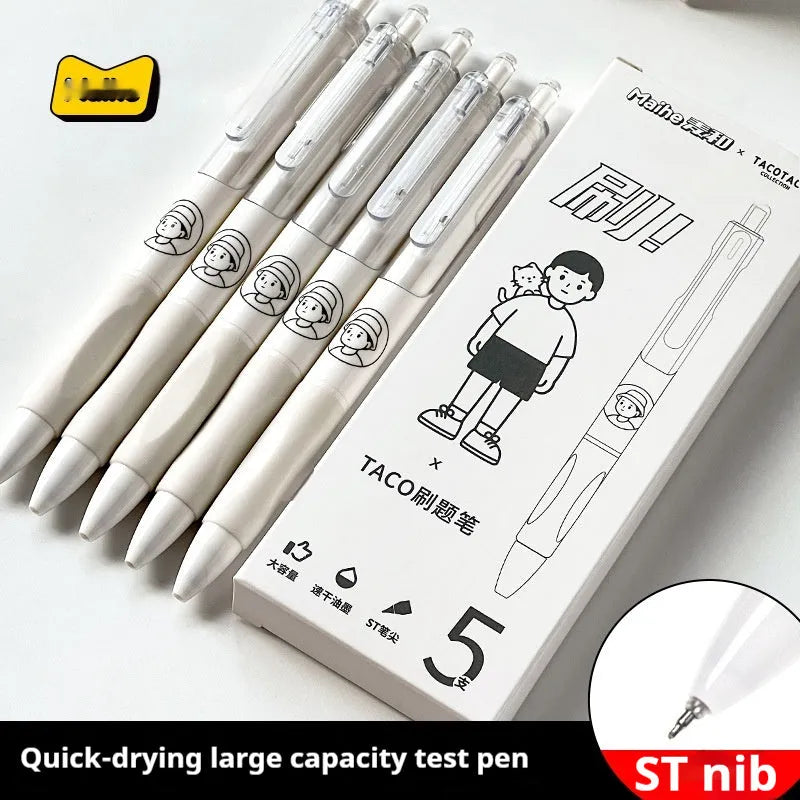 Five black ballpoint pens with 0.5mm tips arranged together