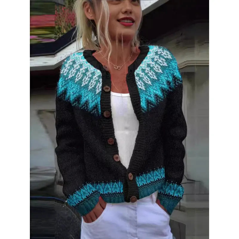 Yellow cardigan knitted coat with a 3D digital print pattern, shown open with regular sleeves.