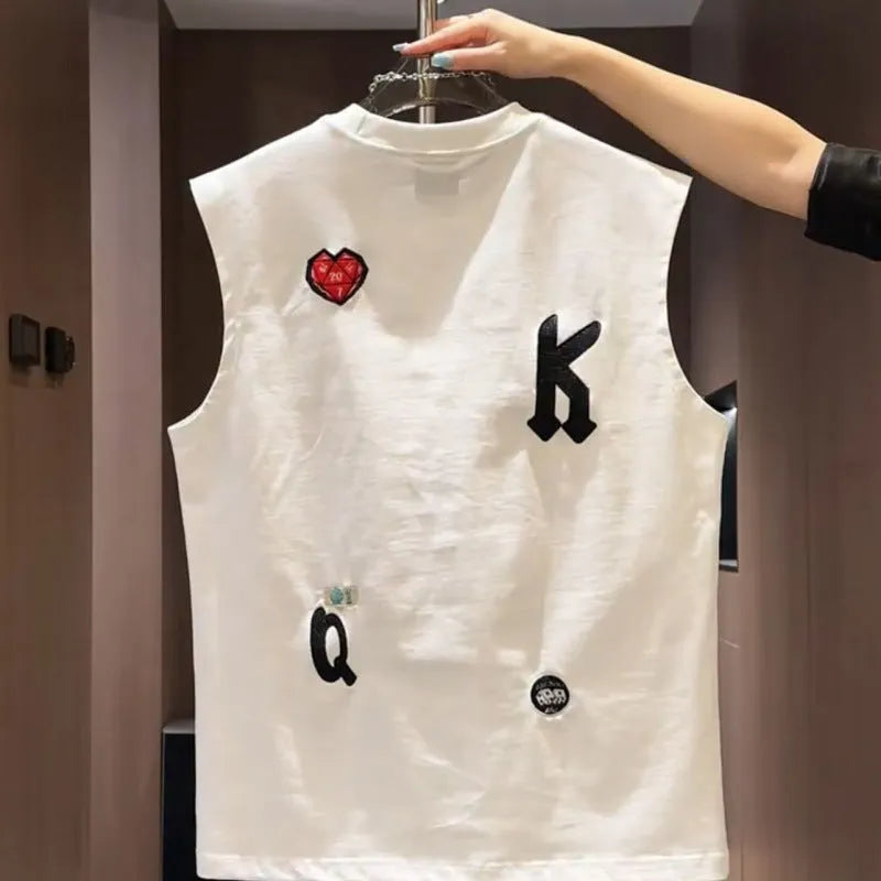 Men's loose black cotton sleeveless vest t-shirt featuring a cartoon print on the front.