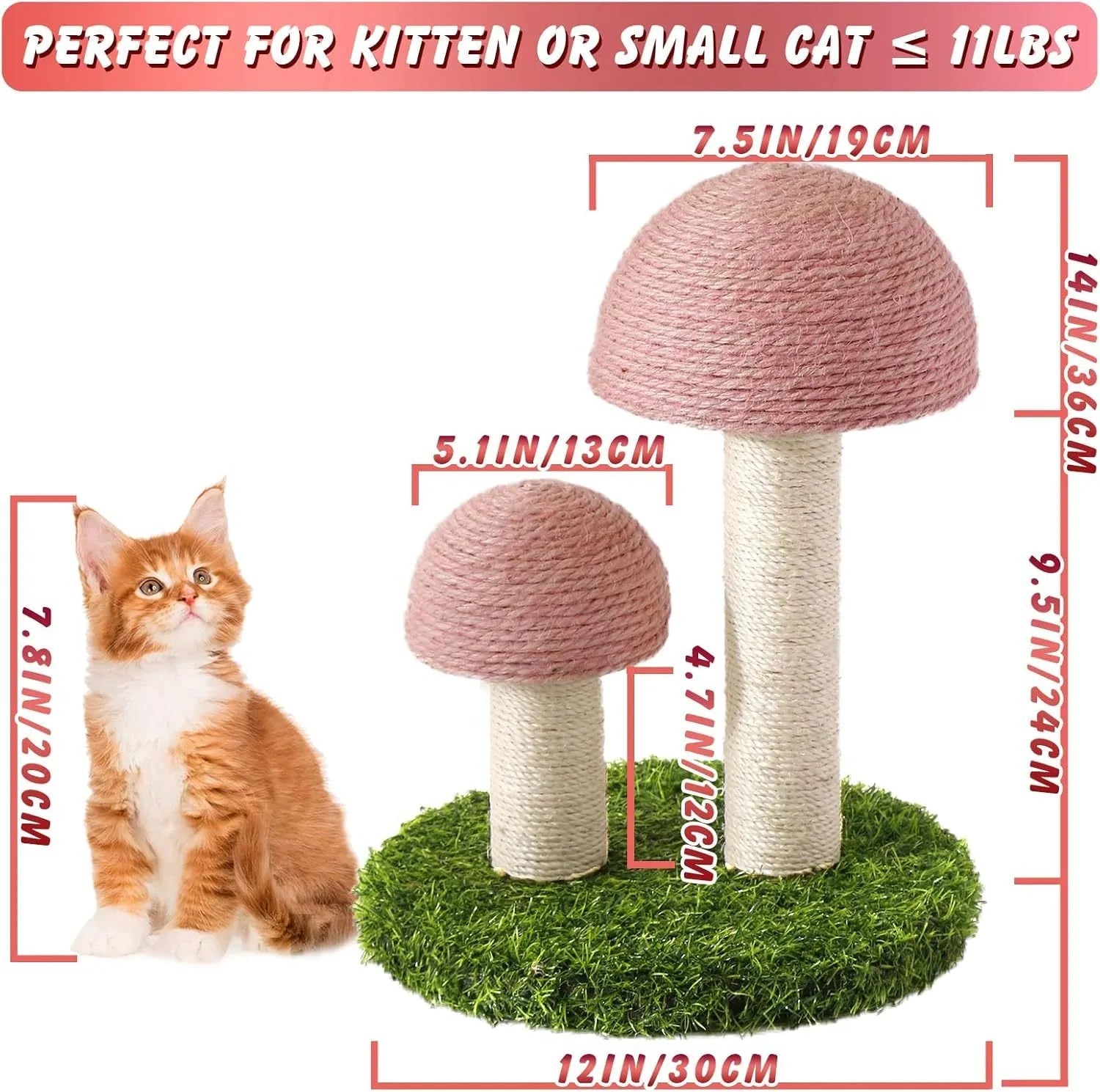Pink mushroom-shaped cat scratching post with sisal fibre caps and pole for small cats.
