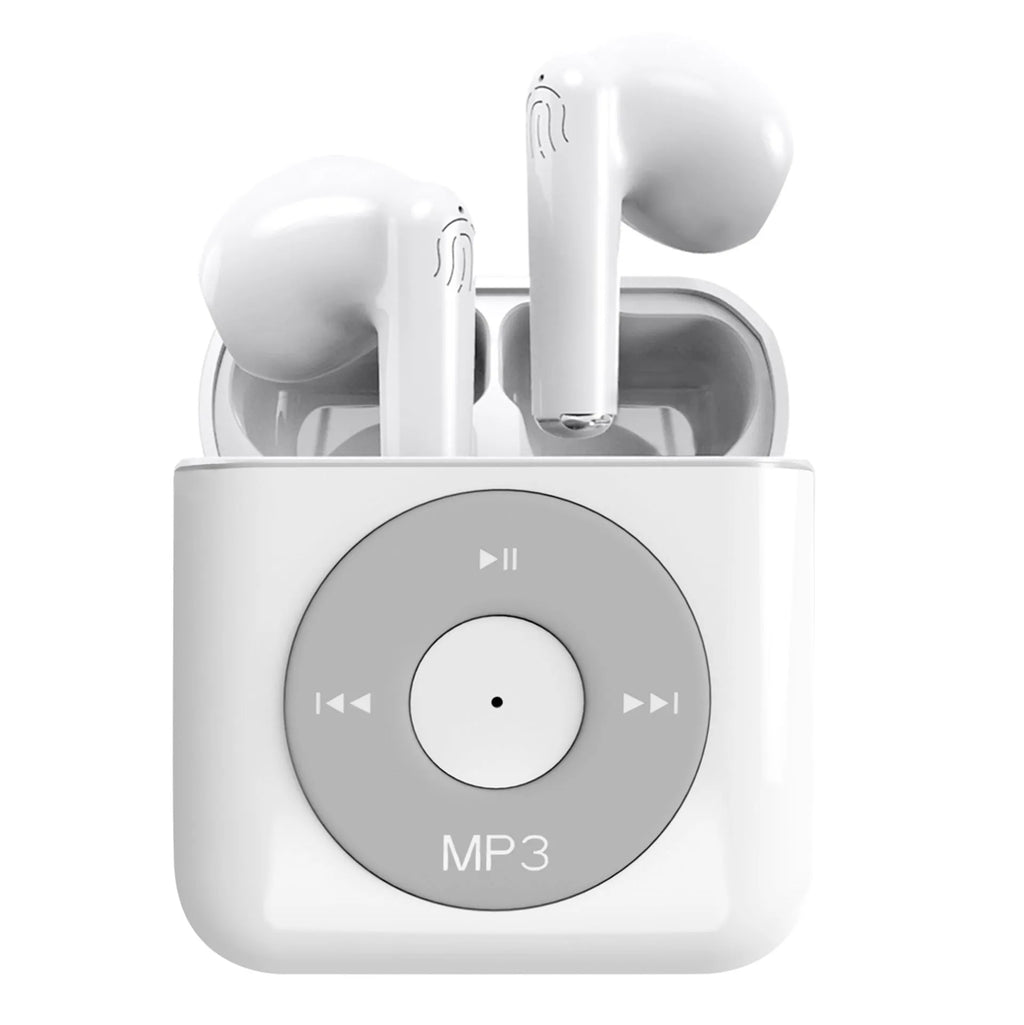 White wireless Bluetooth 5.0 semi in-ear earphones with charging case and noise reduction feature