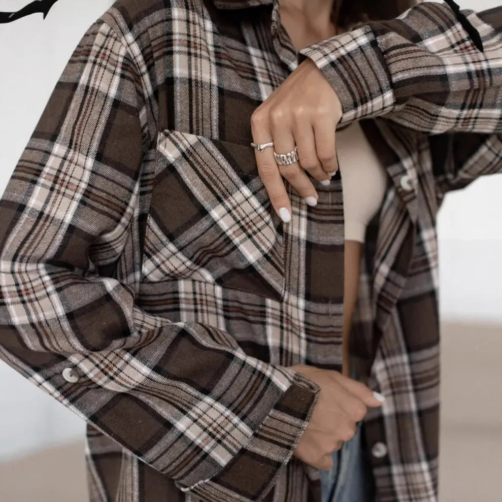 Women's dark brown retro stripe shirt with collaged stitching and long sleeves