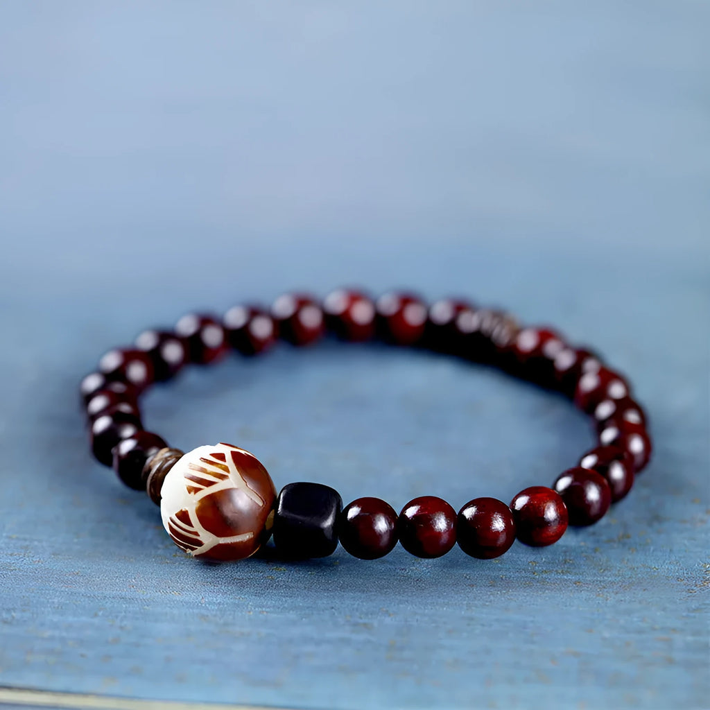 Natural rosewood flower bracelet with 10mm beads and retro design