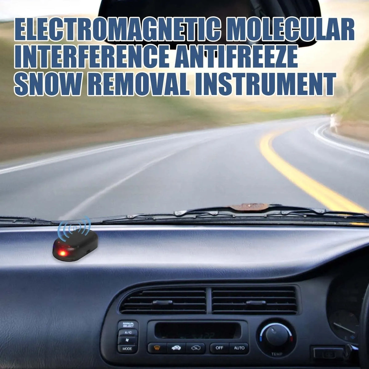 Black handheld car deicer and snow melting tool on car dashboard