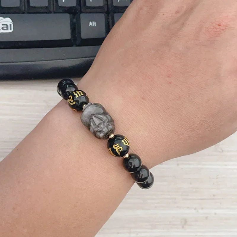Men's natural silver stone zodiac bracelet with Chinese proverb beads