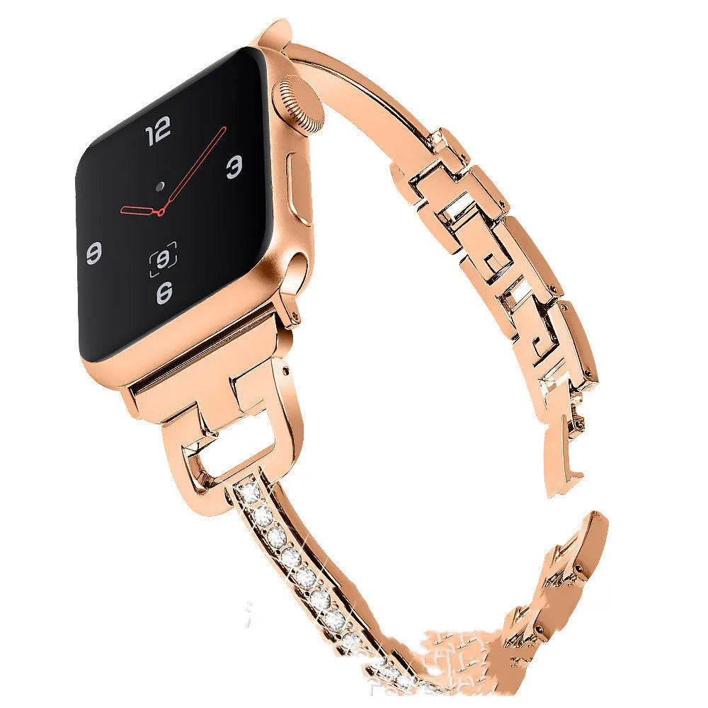 Apple Watch D-shaped metal diamond pattern strap in silver on wrist