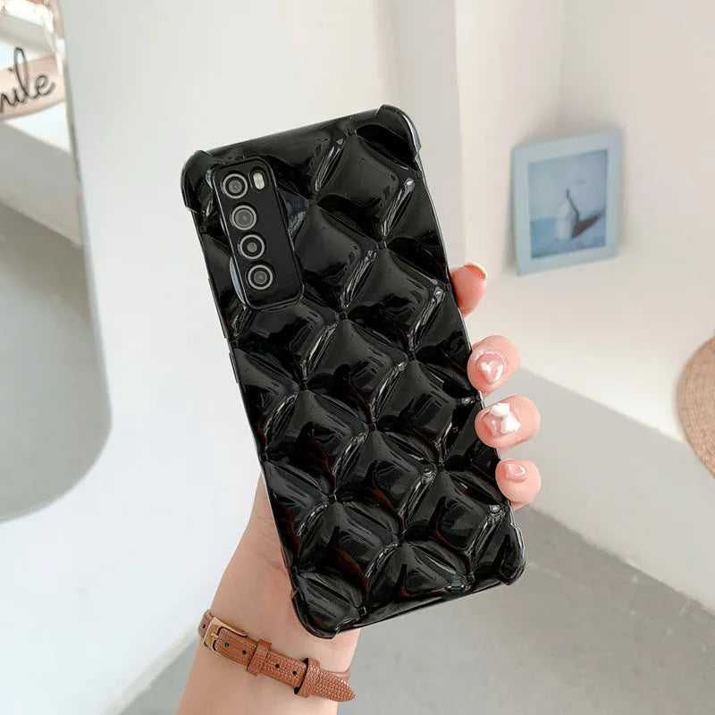 A solid colour silicone back cover case for a Huawei mobile phone, shown in black, green, pink, and white colour options.