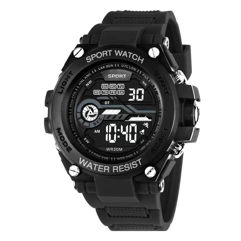 Digital electronic wristwatch for teenagers and students shown in one of ten available colour variations.