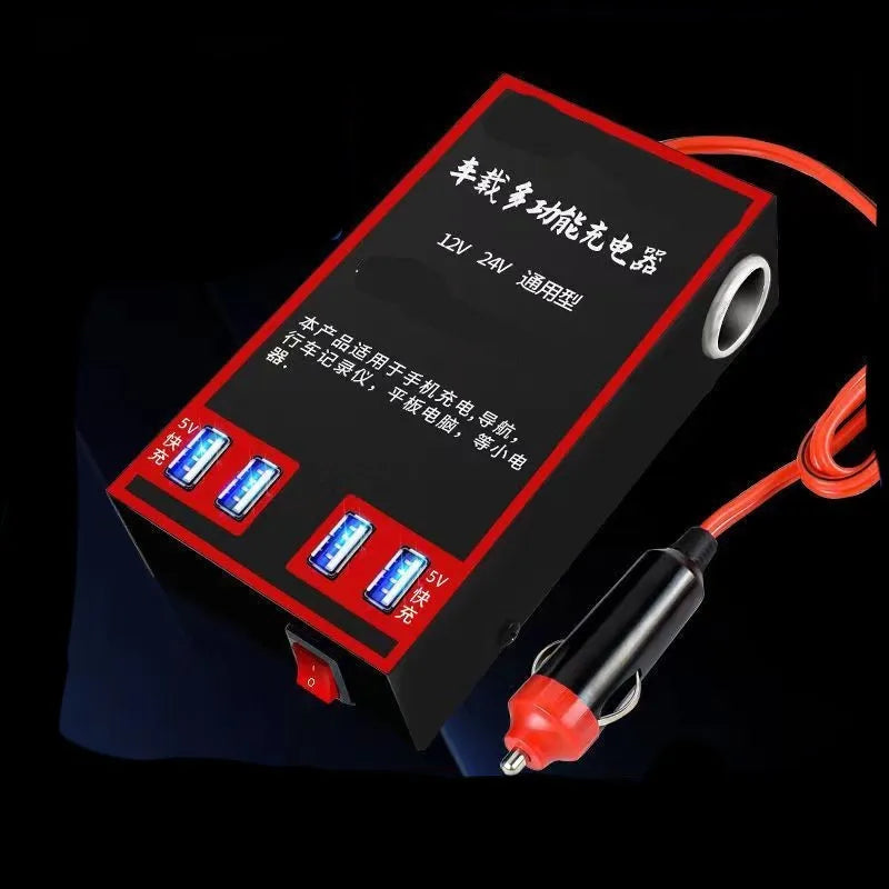Black automotive power converter with 220V socket and four USB ports for car use