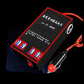 Black automotive power converter with 220V socket and four USB ports for car use