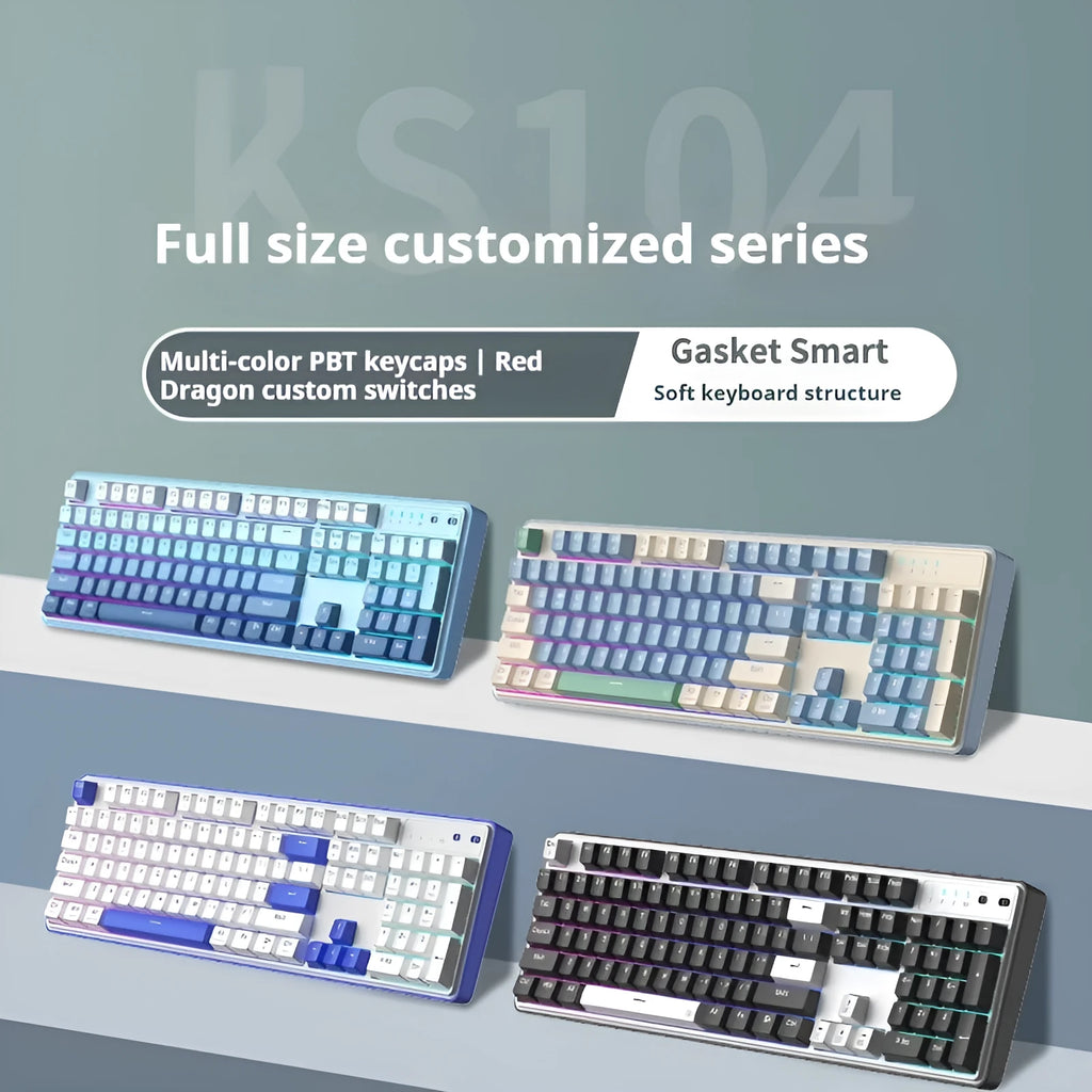 Three-mode mechanical keyboard with 104 keys in multiple colour options showing USB-C port and wireless connectivity