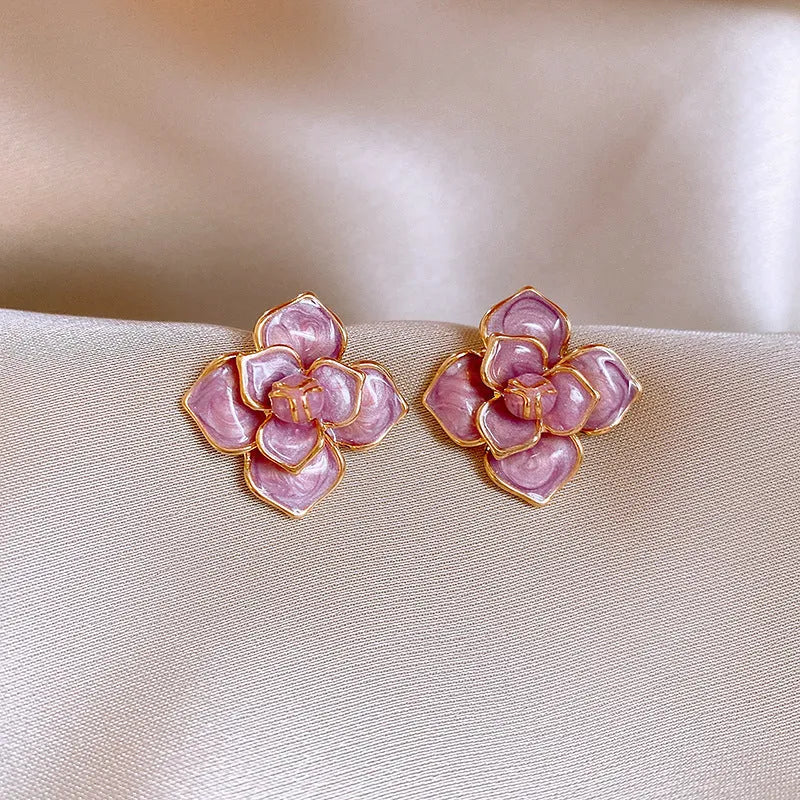 Golden-purple flower stud earrings with oil-spot glaze on copper