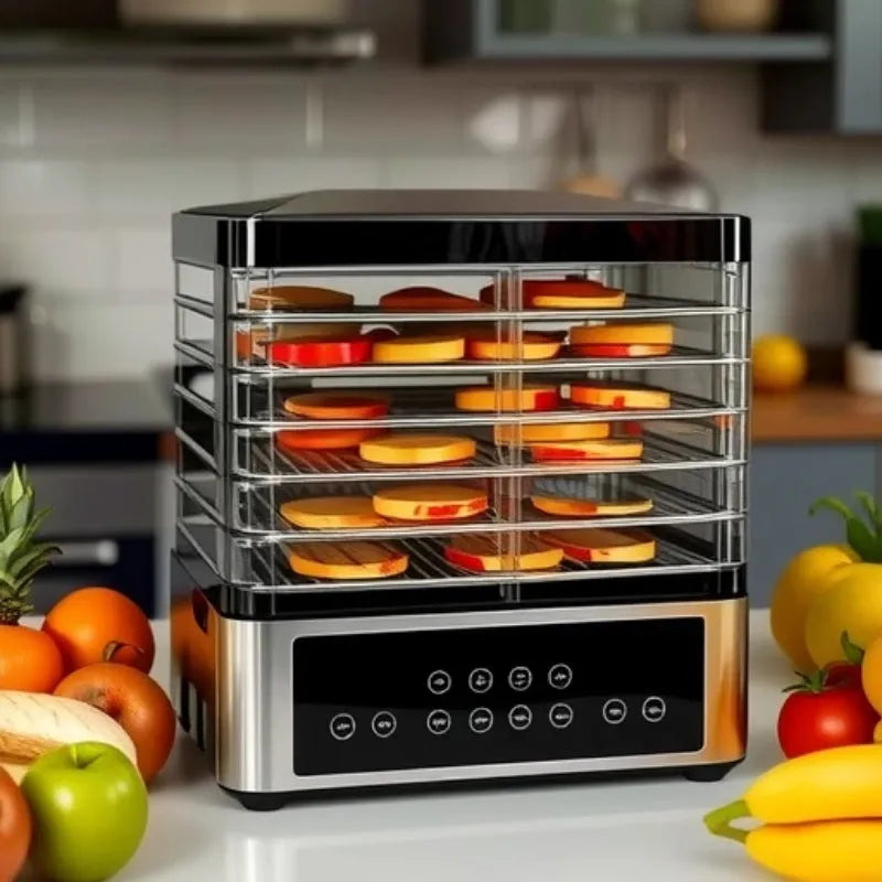 Silver stainless steel household food dehydrator with control panel and trays