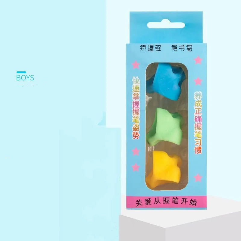 Children's pen holder orthosis writing aid showing finger placement guidance for proper writing posture