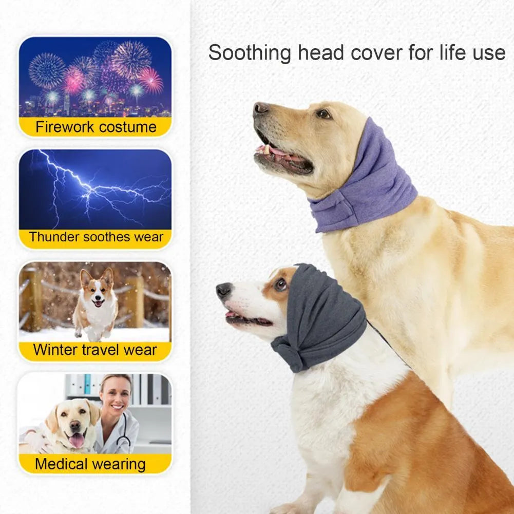 Black dog hoodie head cover with ear muffs for calming and hair control.