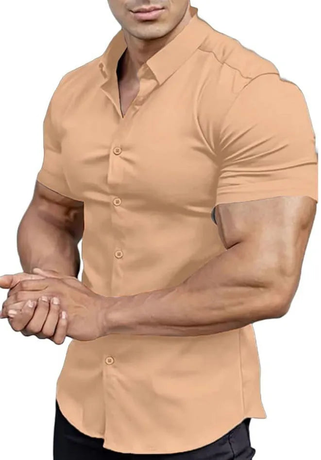 Men's short sleeve casual printed shirt with a shirt collar, shown in a brown colour.
