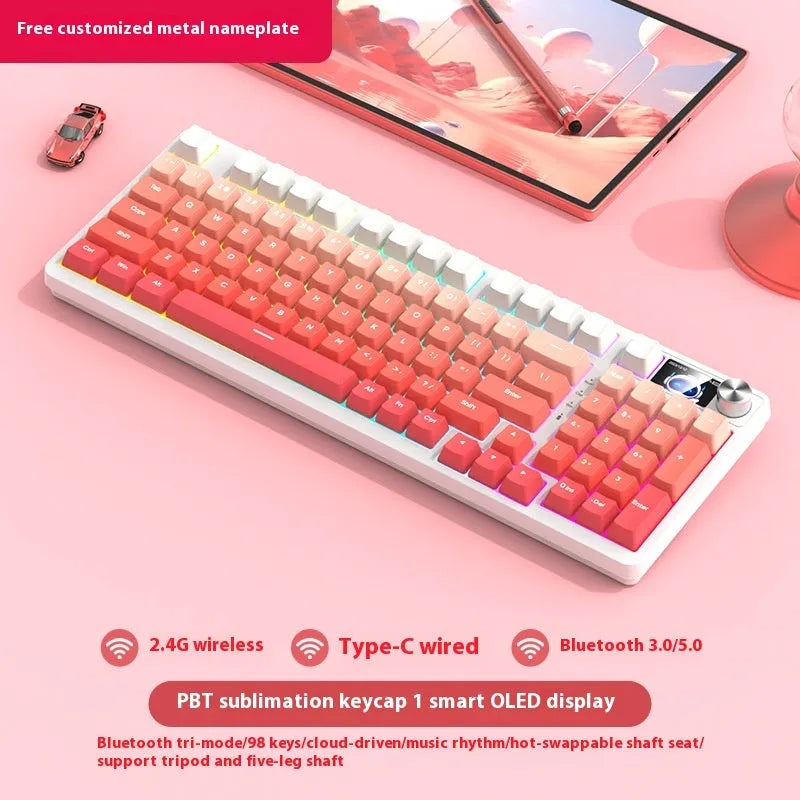 98 key wireless Bluetooth mechanical keyboard kit with metal knob on desk