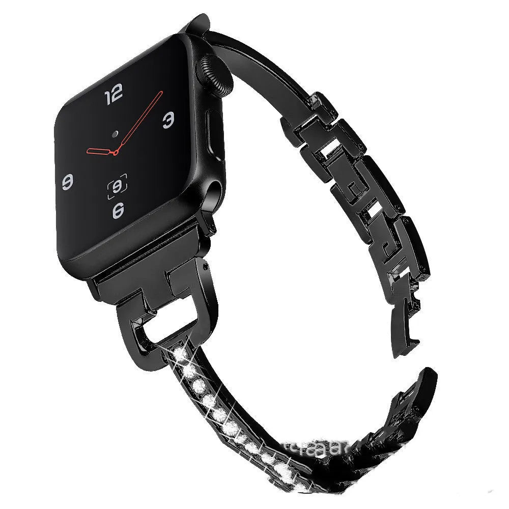 Apple Watch D-shaped metal diamond pattern strap in silver on wrist