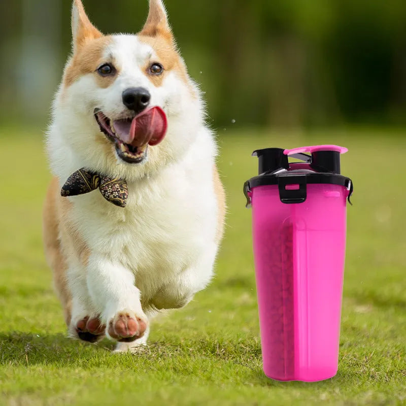 White portable pet cup with separate water and food compartments for dogs and cats outdoors.