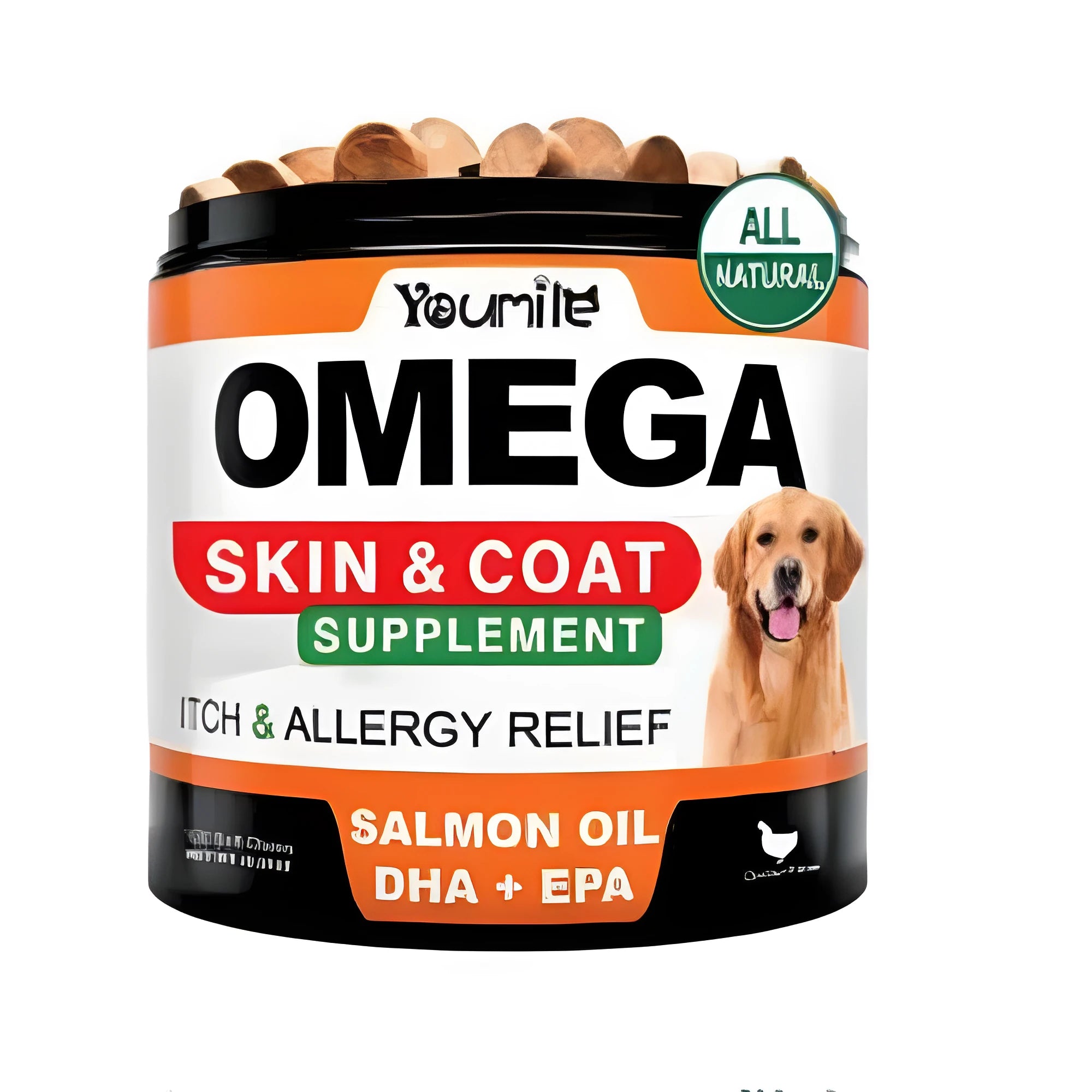 Bottle of 120 fish oil chewing capsules dietary supplement with soft gel format