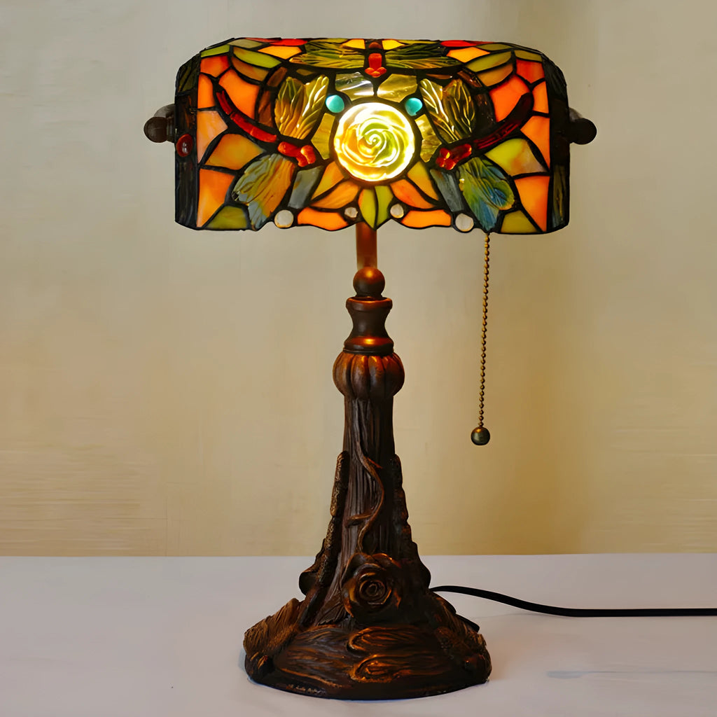10-inch Tiffany table lamp with stained glass resin base on desk surface