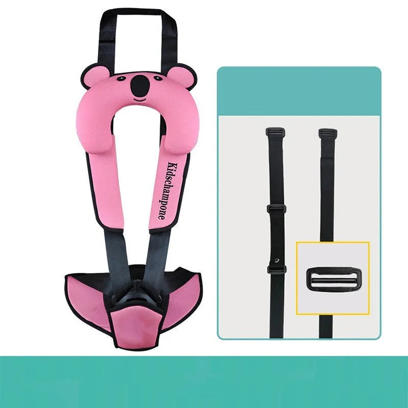 Portable child safety seat belt retainer in rose pink, red, or blue for children 12-36kg