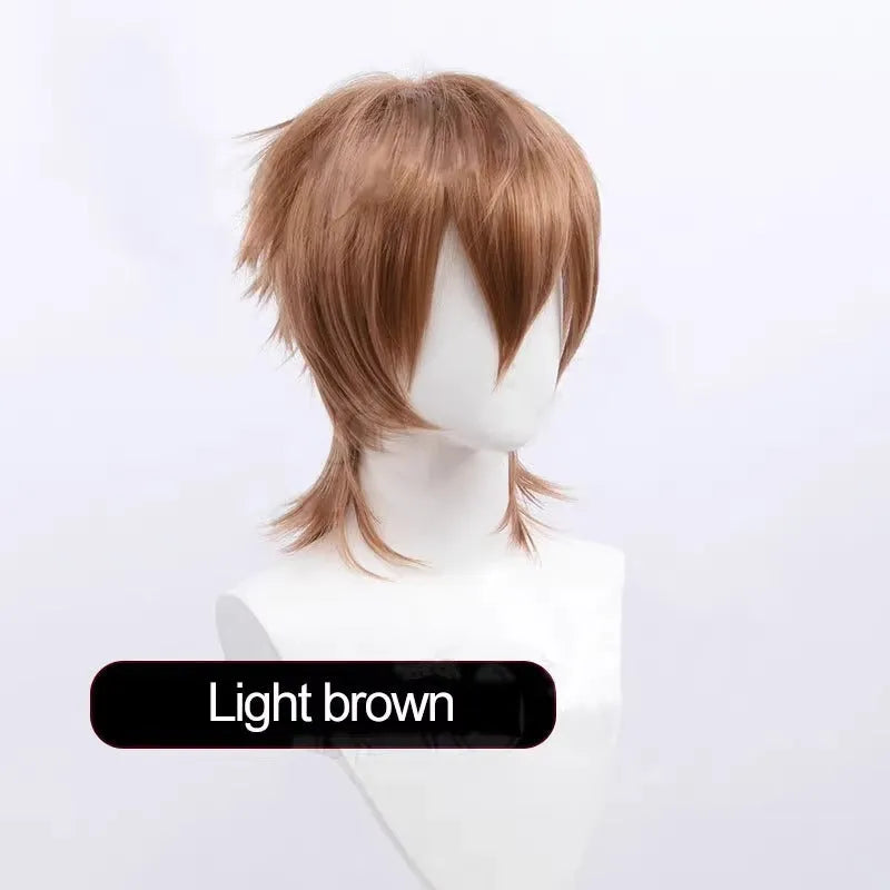 Men's short anime cosplay wig in high-temperature fibre on a wig stand, showing lengthened hair tail.