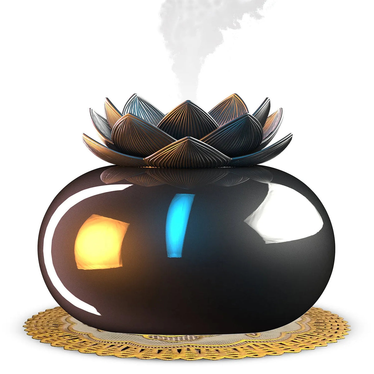 Pure black lotus-shaped aromatherapy humidifier with ceramic top and USB cable