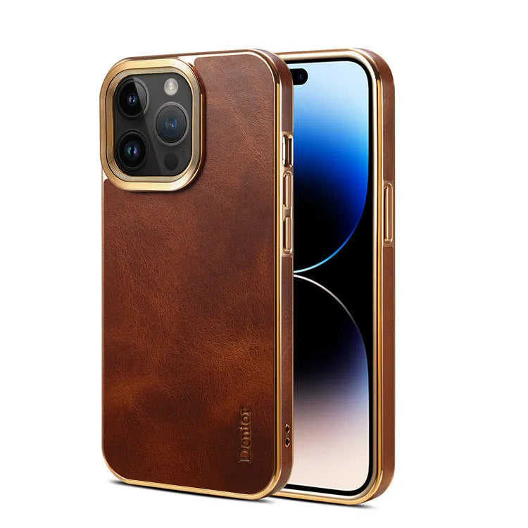 Handmade leather phone case with German technology showing slim design and precise button openings