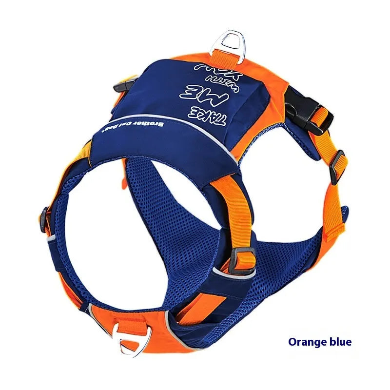 Orange blue nylon dog chest strap with adjustable four-point buckle system shown on dog