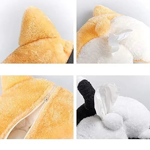 Yellow soft Corgi butt-shaped tissue box cover with elastic strap for car visor or home use.